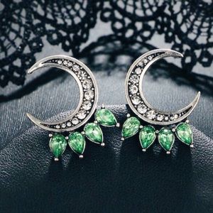 NWT Silver Moon and Green Crystal Stud Earrings